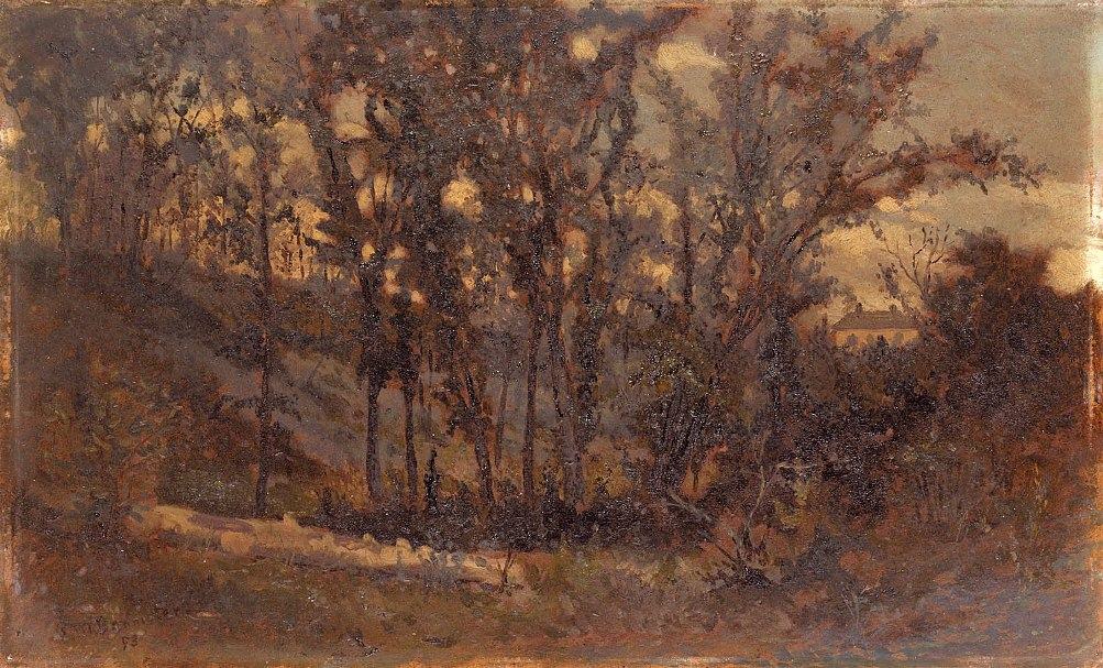 Edward Mitchell Bannister forest scene, fallen tree in foreground and house in background